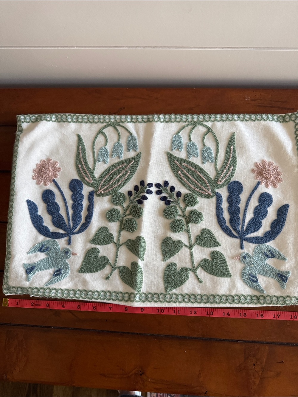 Embroidered Floral Blue & Green Pillow Cover 19x12